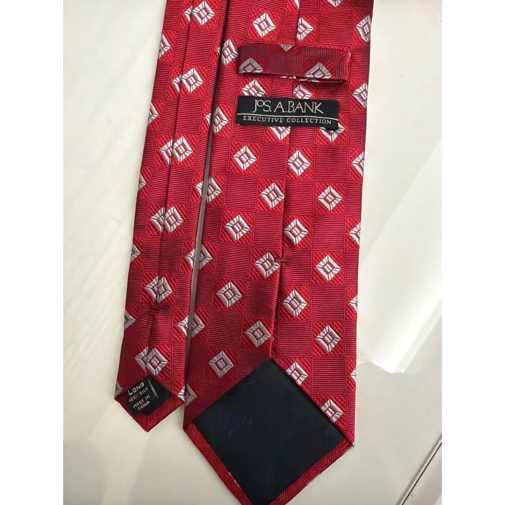 Jos. A. Bank Men’s Red Gray Square & Diamond Pattern Long Silk Necktie